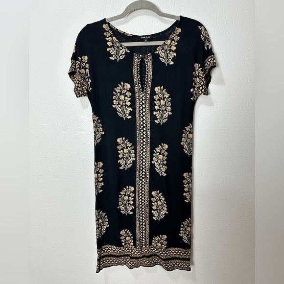 Lucky Brand Women’s Sz XS Stretch Knit Tee Shirt Sheath Keyhole Midi Dress Boho - Picture 1 of 6